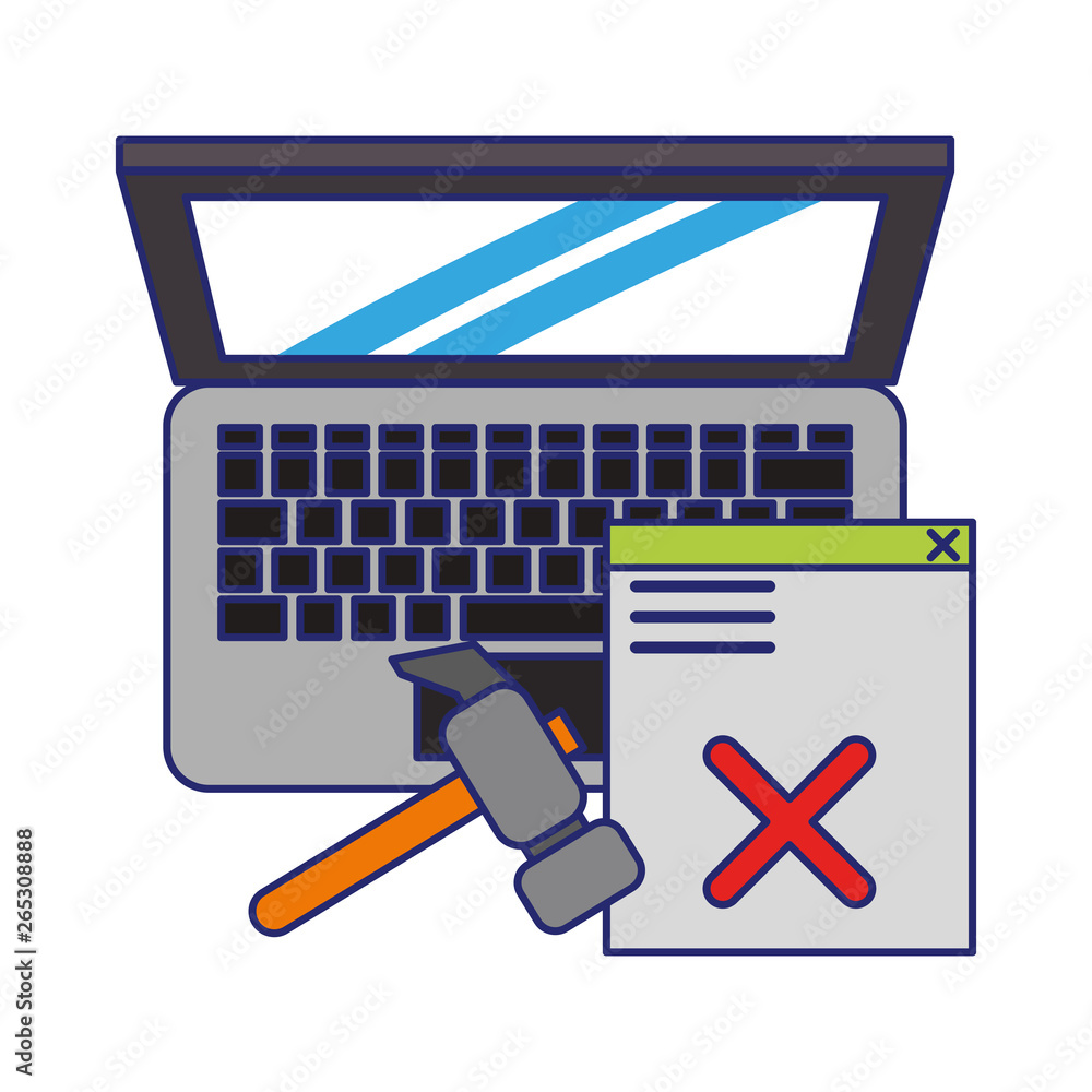 Poster computer and broken web site and tools blue lines