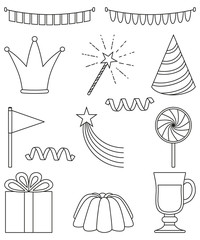 13 line art black and white party elements set