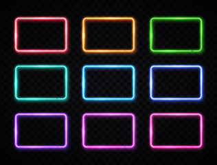 Colorful neon square signs set. Glowing color rectangles collection on transparent background. Shining led or halogen lamps frame banners. Bright futuristic vector illustration for decoration covering