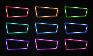 Color neon frames set on transparent background. Glowing rectangle signs collection. Shining led or halogen lamp border. Bright futuristic vector illustration for banner flyer decoration presentation.