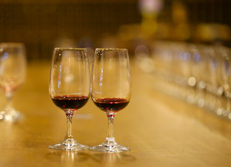 A glass of red wine is on the table