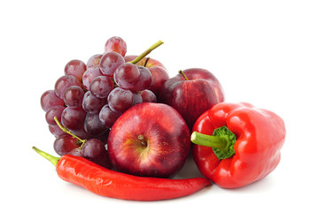 Healthy Food set red fruits and vegetables apple, pepper, grape,sweet pepper Benefits of antioxidants isolated on white background