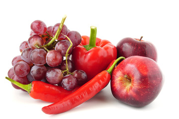 Healthy Food set red fruits and vegetables apple, pepper, grape,sweet pepper Benefits of antioxidants isolated on white background