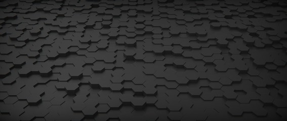 Black honeycomb hexagon background wallpaper. Perspective. 3D render