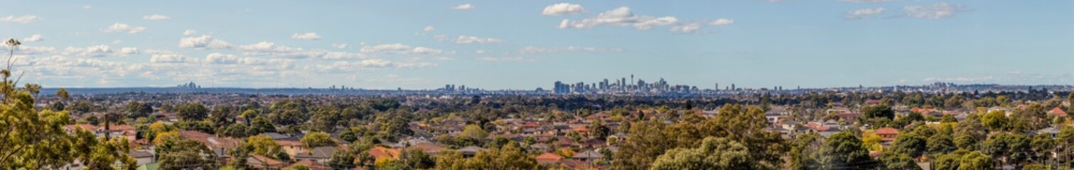 Fototapeta na wymiar Sydney City Skyline and Suburbs Panorama from South West, Hurstville