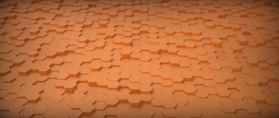 Orange metallic honeycomb hexagon background wallpaper. Perspective. 3D render