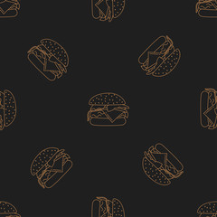 Burger seamless pattern with icons. Style Outline. illustration on the theme of bakery products and bread baking. Vector background.