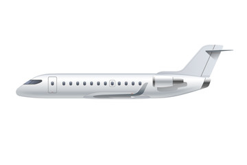 Flying airplane, regional jet aircraft, airliner. Side view of detailed passenger air plane isolated on white background. Vector illustration