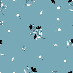 Seamless pattern hand drawn floral ornaments for spring summer,Blossom cute flowers pattern blooming on blue background, Seamless vector texture for fashion prints, Various tiny decorative flowers