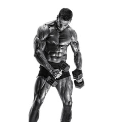Handsome Muscular Men, Bodybuilder Lifting Weights. Black and White Image