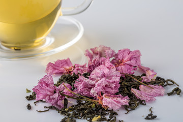 Cup of tea and pink cherry blossom on white background