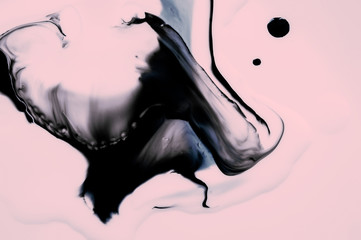 Creative liquid black and white ink fluid texture on pink background. Minimalistic trendy style....