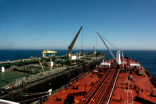 Ship To Ship .Transfer Procedure. Two Oil Tankers Transfer Cargo