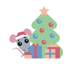 Naklejka premium Cute rat, funny character with presents. Happy new year. 2020. Symbol of the year in the Eastern calendar. Balls on the tree. Vector illustration.