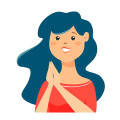 Delighted and joyful character of the woman. A contented woman with palms folded in anticipation.