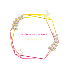 Obraz premium Vector floral elegant botanical card design with succulent cactus plants, cute wax flower and green forest fern leaves with golden geometrical frame. Beautiful template for invite, save the date cards