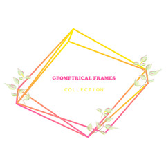 Vector floral elegant botanical card design with succulent cactus plants, cute wax flower and green forest fern leaves with golden geometrical frame. Beautiful template for invite, save the date cards