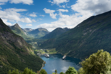 Fototapeta na wymiar View over Geiranger town and Geiranger fjord, in Norway