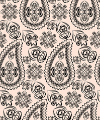 Seamless black and white geometric pattern with paisley. Classic ethnic ornament. Vector print. Use for wallpaper, pattern fills,textile design.