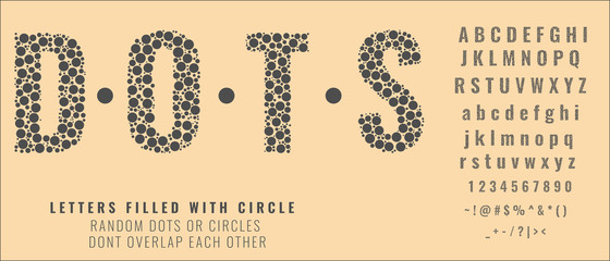 Set of letters made of dots or filled with circles. Creative fonts with capital, small letters, numbers and symbols. Vector illustration.