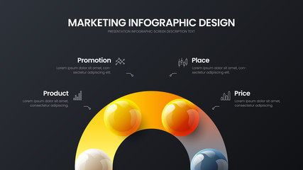 Business 4 option infographic presentation vector 3D colorful balls illustration. Corporate marketing analytics data report design layout. Company statistics information graphic visualization template