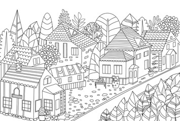 happy cityscape with fancy trees for your coloring book