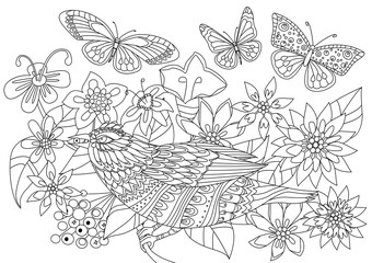 pretty bird in fancy flowers with butterflies for your coloring