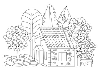 happy house with blossom garden for your coloring book