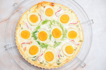 tart with eggs and dill and radish