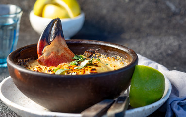  CHILEAN FOOD.  Baked crabmeat crab meat with cheese, cream and bread.  Traditional dish of chilean coast. Pastel o chupe de jaiba.