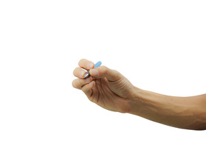 A man hand holding blue pen isolated on white background. Carefully cut out by pen tool and insert clipping path.