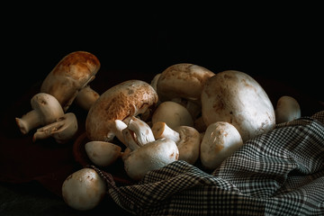 Fresh champignon mushrooms group on the table. Fresh vegetables mushrooms - the concept of healthy proper nutrition. Dark Food Photography