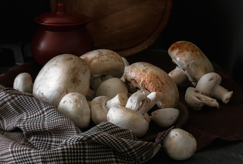 Fresh champignon mushrooms group on the table. Fresh vegetables mushrooms - the concept of healthy proper nutrition. Dark Food Photography