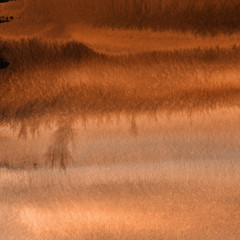 Orange with brown ink and watercolor textures on white paper background. Paint leaks and ombre effects. Hand painted abstract image.