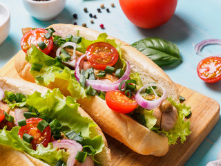 Close up view of homemade hotdogs with chicken sausages, fresh vegetables on blue wooden background. Hot-dogs with tomatoes, onion, basil, letucce and spices.
