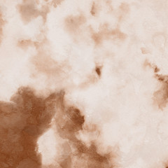 Orange with brown ink and watercolor textures on white paper background. Paint leaks and ombre effects. Hand painted abstract image.