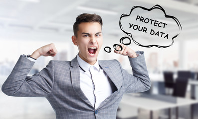 Business, technology, internet and networking concept. Young entrepreneur shouts out a keyword:...