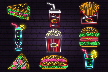 Retro neon burger, cola, popcorn, french fries and fast food sign on brick wall background. Design for cafe Vector. Neon design for pub or fast food business. Light sign banner. Glass tube