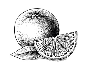 slice and whole of juicy orange fruit on white