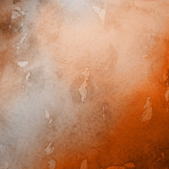 Fototapeta premium Orange with brown ink and watercolor textures on white paper background. Paint leaks and ombre effects. Hand painted abstract image.