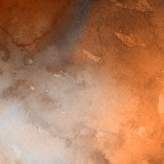 Orange with brown ink and watercolor textures on white paper background. Paint leaks and ombre effects. Hand painted abstract image.