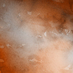 Fototapeta premium Orange with brown ink and watercolor textures on white paper background. Paint leaks and ombre effects. Hand painted abstract image.