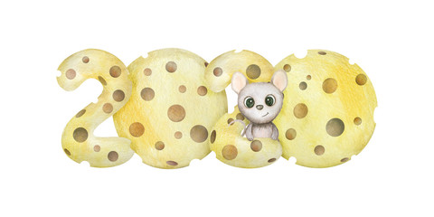 Cute watercolor rat isolated on white background. Mouse symbol 2020 new year