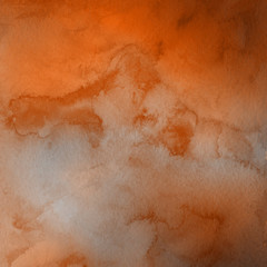 Orange with brown ink and watercolor textures on white paper background. Paint leaks and ombre effects. Hand painted abstract image.