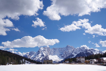 Fototapeta premium Misurina Lake and Sorapis Mountains Group in the Dolomites, Italy, Europe