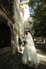 happy gorgeous bride and stylish handsome groom posing on background of old building in sunlight