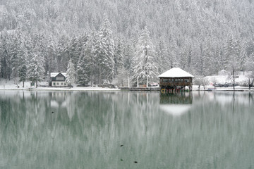 Dobiacco lake in winter time, Italy, Europe