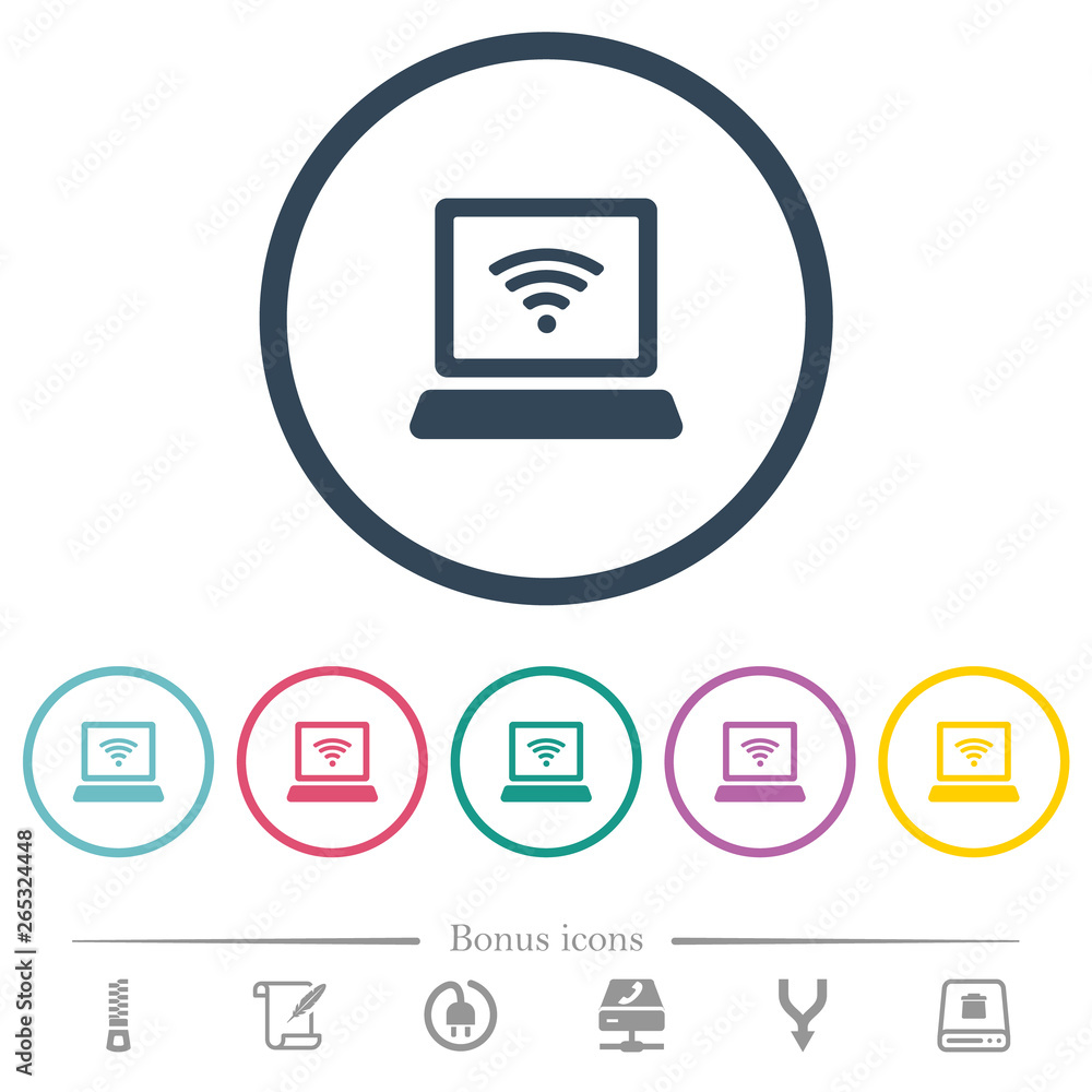 Poster laptop computer with wireless symbol flat color icons in round outlines