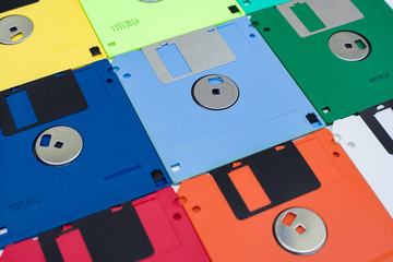 Multi colored 3.5 floppy disks in diagonal