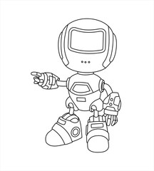 The robot, drawn by a line, shows a hand to the side, points to something.